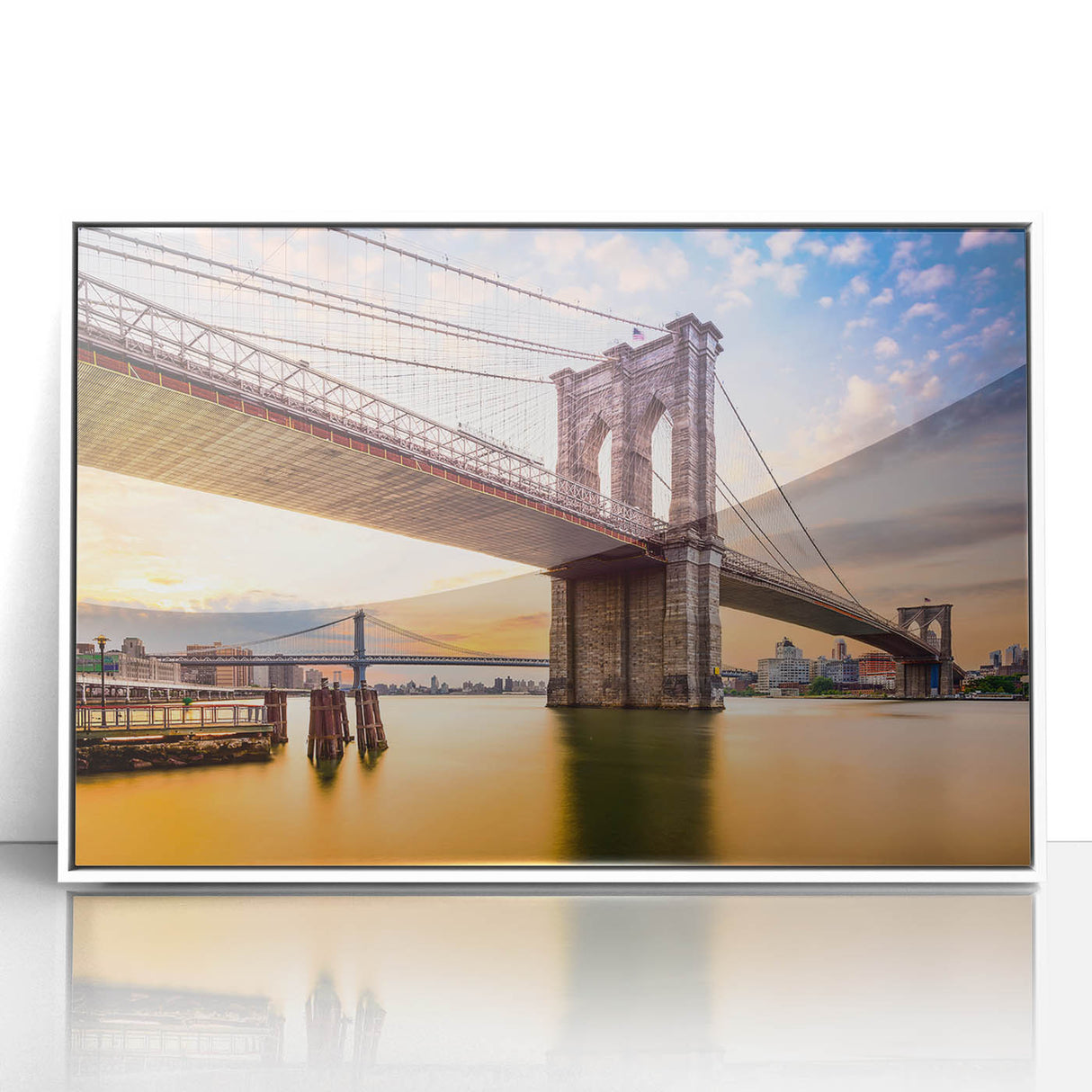 Art Deco style poster of the Manhattan Bridge in grayscale, acrylic framed, suitable for modern art wall decor.