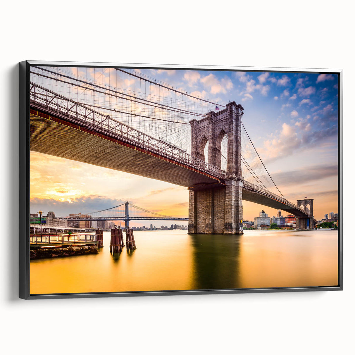 Black and white framed canvas depicting the Manhattan Bridge, ideal for bedroom wall art in a vintage poster style.