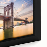 Extra large framed canvas of the Manhattan Bridge in black with colorful, textured art details, ideal for living room decor.