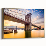 Framed canvas of Manhattan Bridge in black and gold tones, ideal for bedroom wall art.