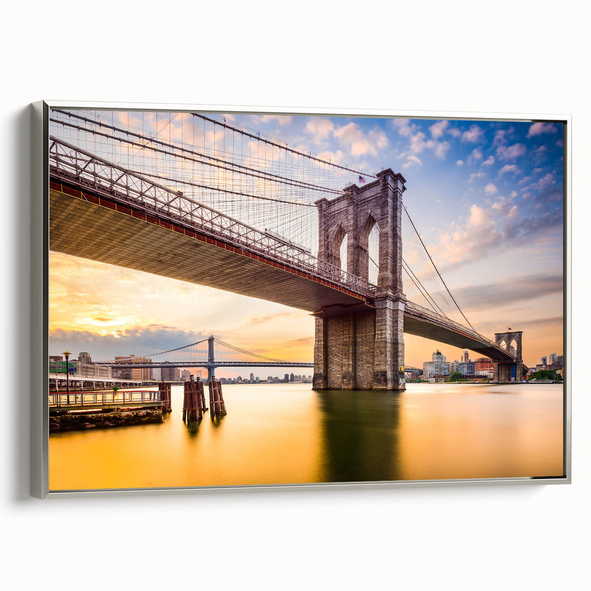 Framed canvas landscape art painting of Manhattan Bridge in a vintage poster style with a black and colorful palette.