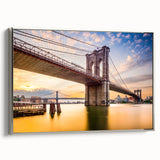 Framed canvas landscape art painting of Manhattan Bridge in a vintage poster style with a black and colorful palette.