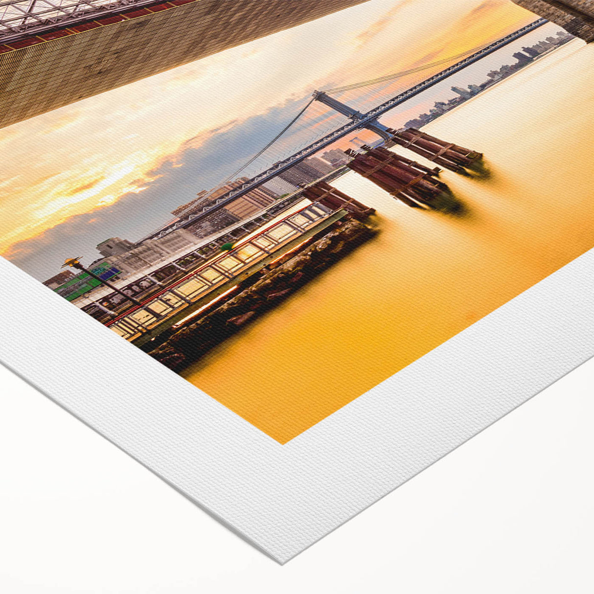 Art deco poster of Manhattan Bridge in monochrome tones on rolled canvas, suitable for dining room wall art.