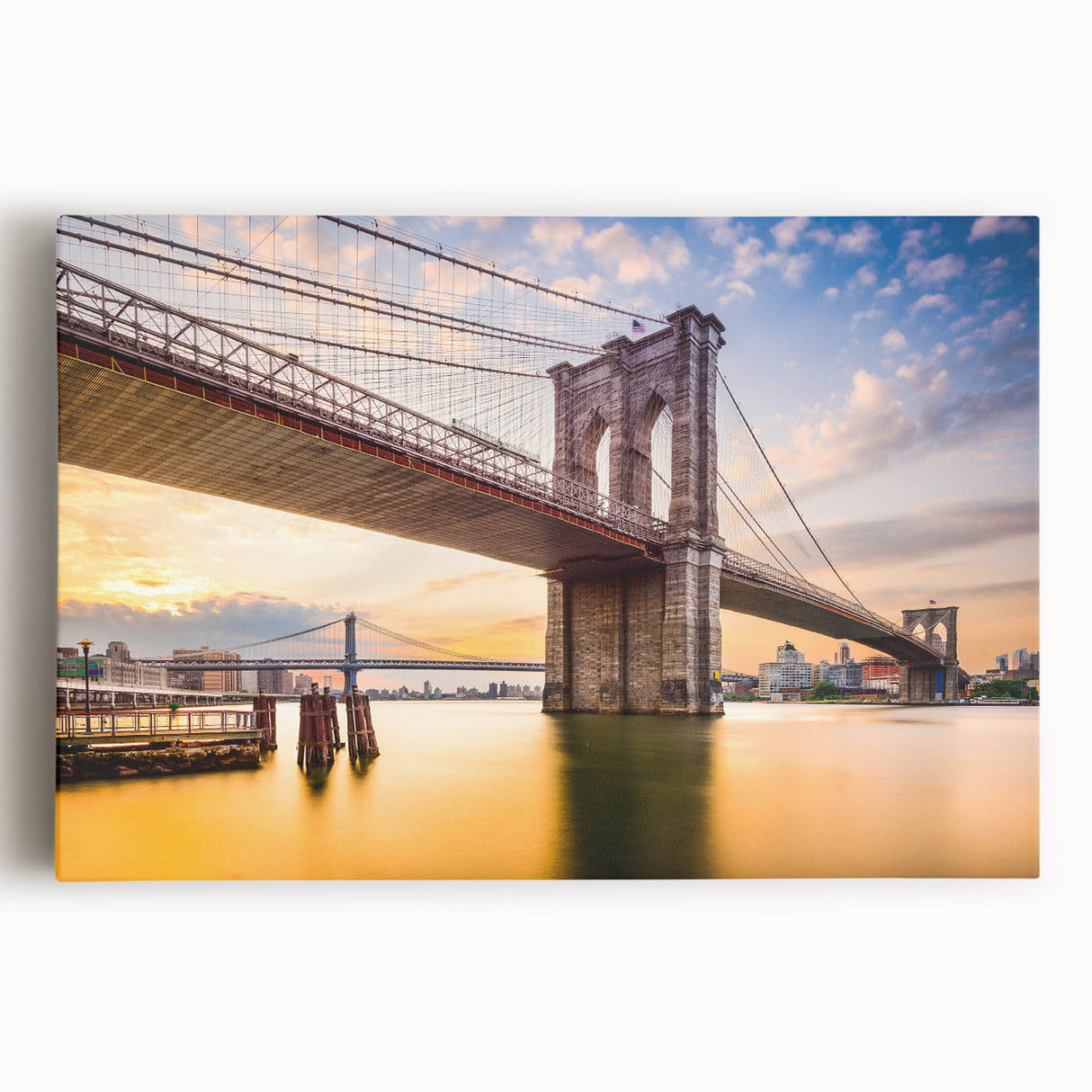 Black and white photo of Manhattan Bridge on stretched canvas, ideal for kitchen wall art.