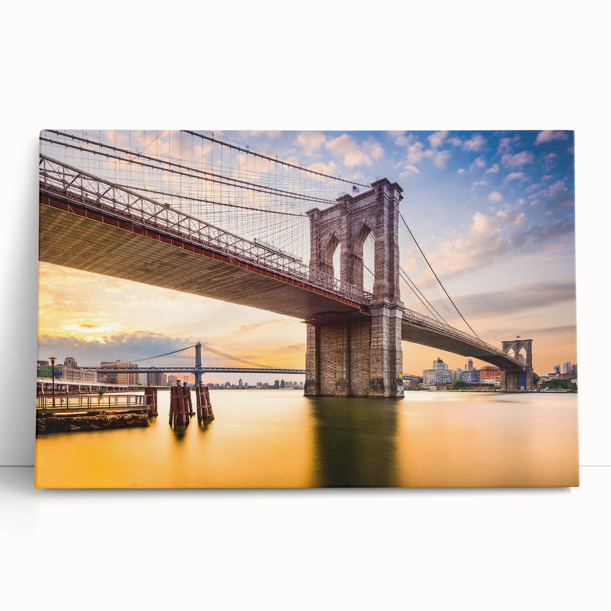 Black and white photo of the Manhattan Bridge on stretched canvas, ideal for kitchen wall art or bedroom ambiance.