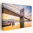 Side view of the Manhattan Bridge in muted gray and blue tones on a large stretched canvas, suitable for kitchen wall art.