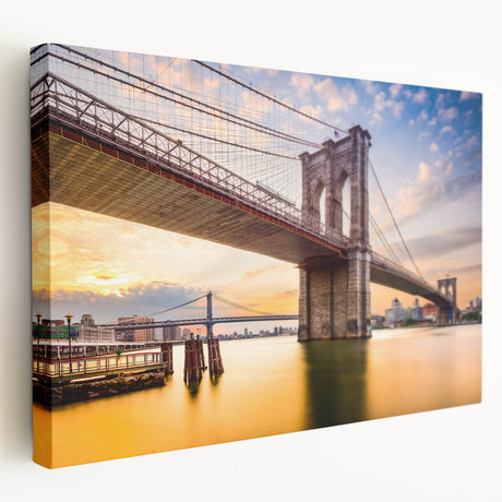 Side view of the Manhattan Bridge in muted gray and blue tones on a large stretched canvas, suitable for kitchen wall art.