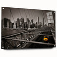Acrylic print of a large abstract Manhattan skyline in muted gray and blue tones, suitable for bedroom or dining room decor.