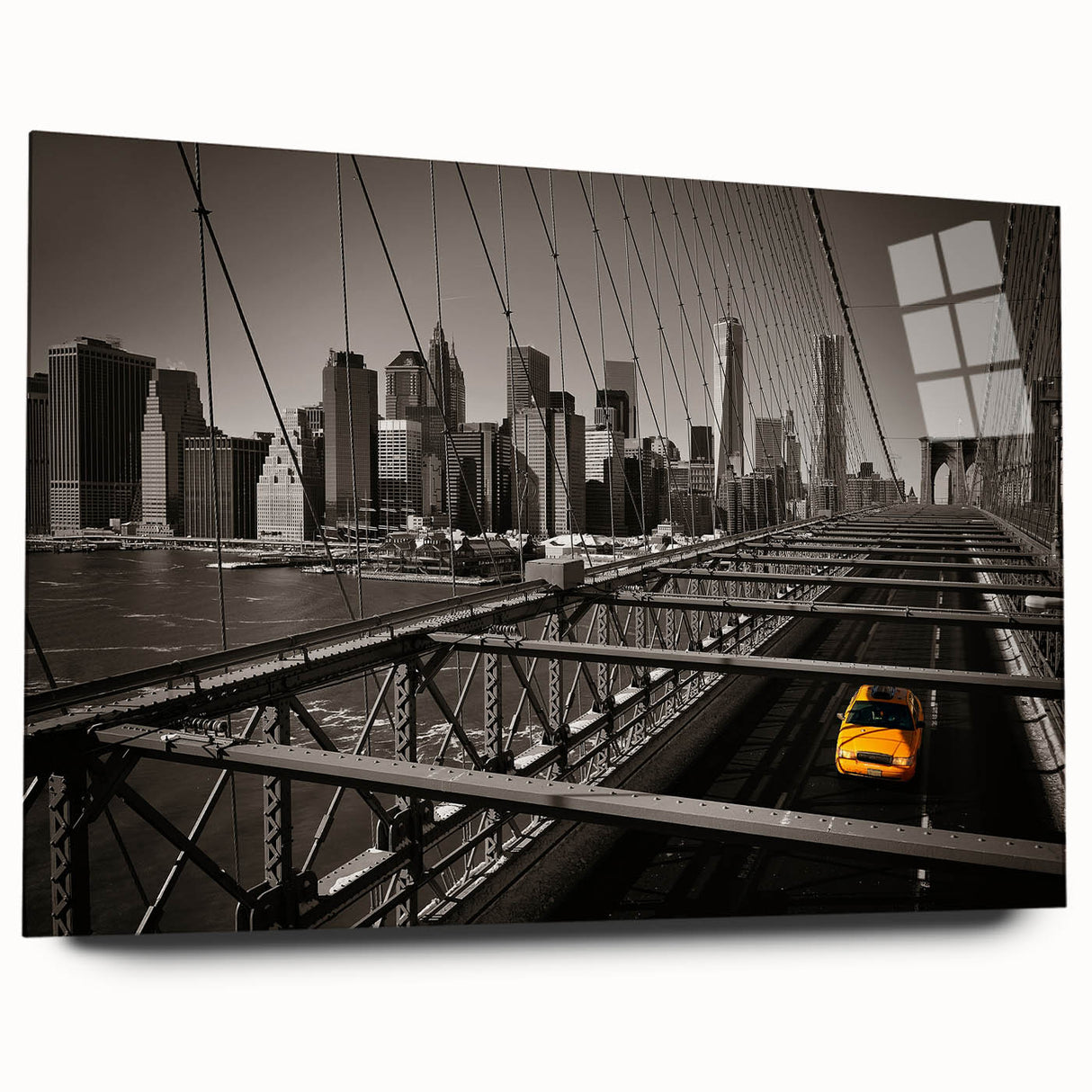Large abstract depiction of Manhattan skyline in muted gray and blue tones on acrylic glass.