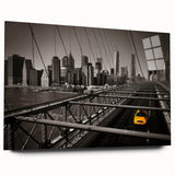 Large abstract depiction of Manhattan skyline in muted gray and blue tones on acrylic glass.
