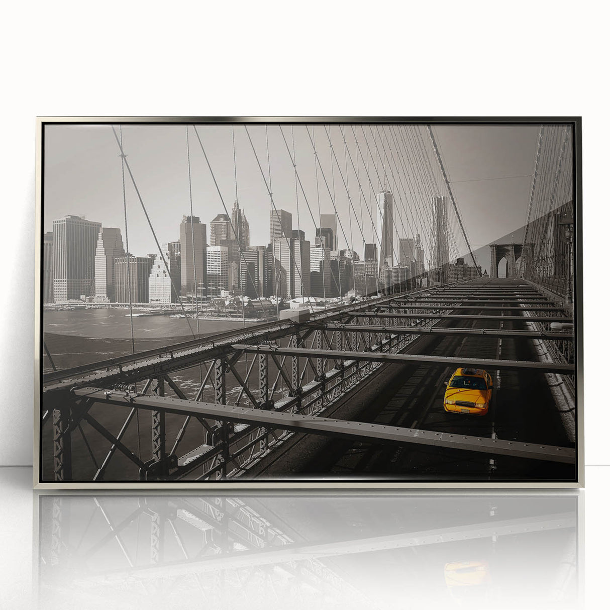 Mid-century modernist art depicting the Manhattan skyline in acrylic, with muted gray and silver tones.