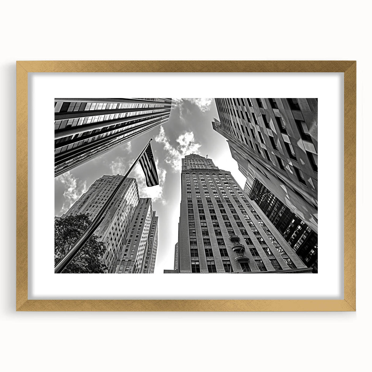 Extra large abstract art print of New York City skyline in textured gold frame, ideal for living room decor.