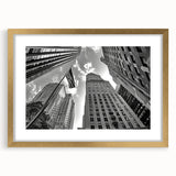 Extra large abstract art print of New York City skyline in textured gold frame, ideal for living room decor.