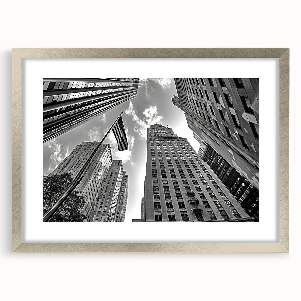 Textured abstract art print of New York City skyline in muted gray tones, framed in silver, ideal for bedroom art.