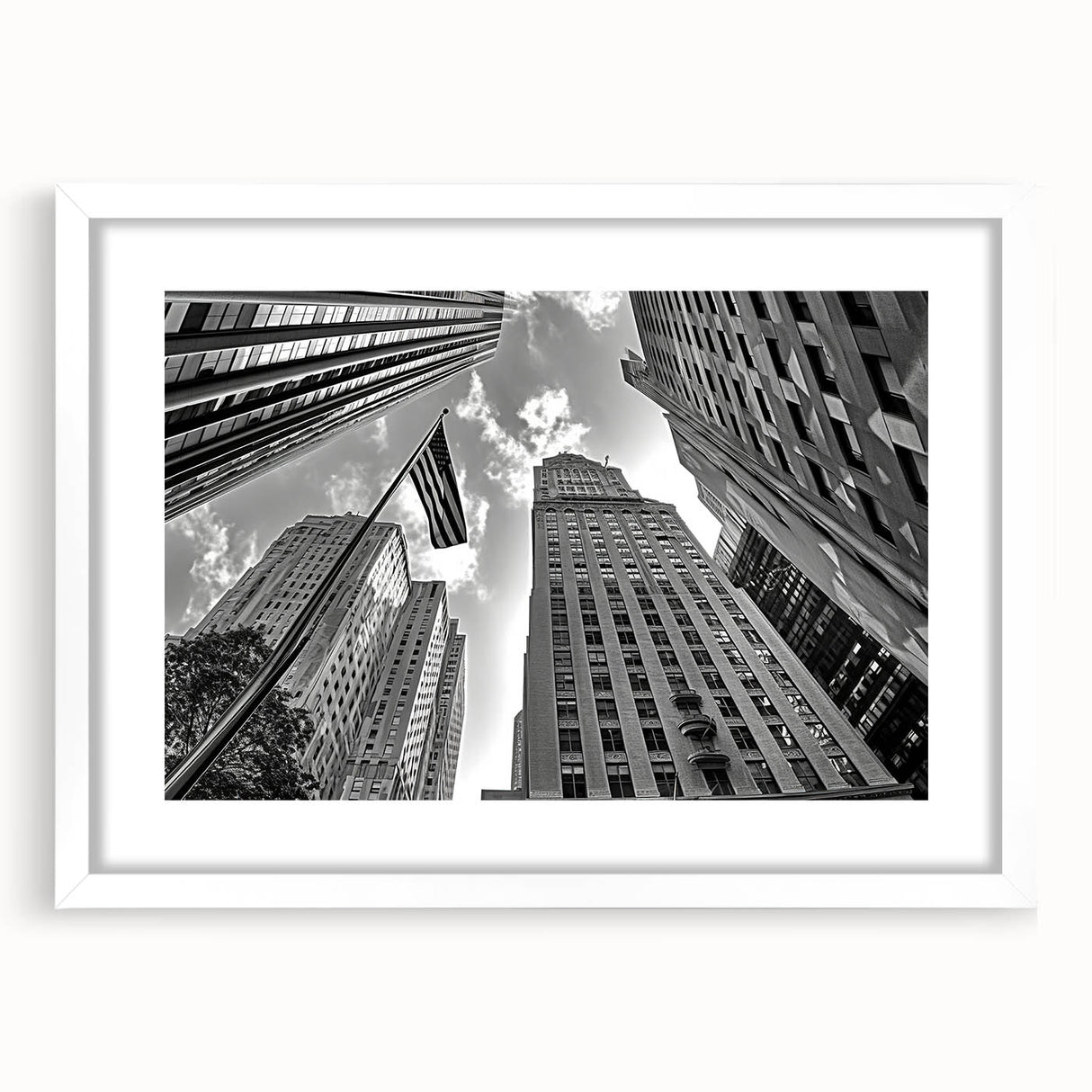 Abstract art print of New York City skyline in muted gray tones on a white framed mat, suitable for dining room decor.