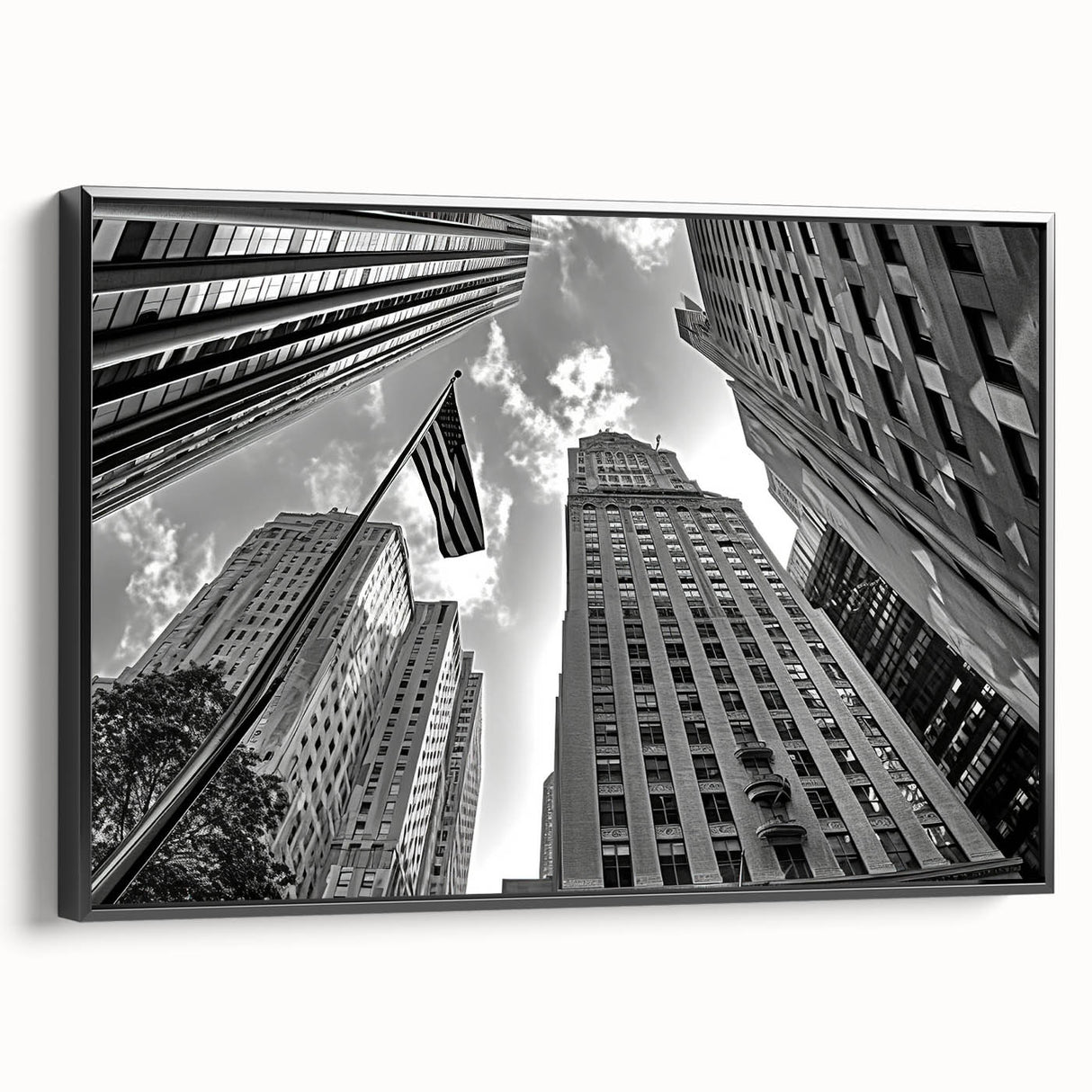 Black and white wall art of the NYC Rockefeller skyline on framed canvas, ideal for bedroom decor.