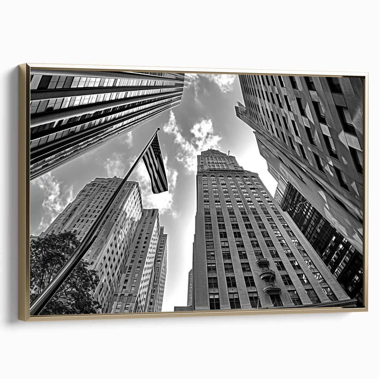 Framed canvas of Rockefeller Center in muted gold and black tones, vintage poster style, ideal for bedroom wall art.