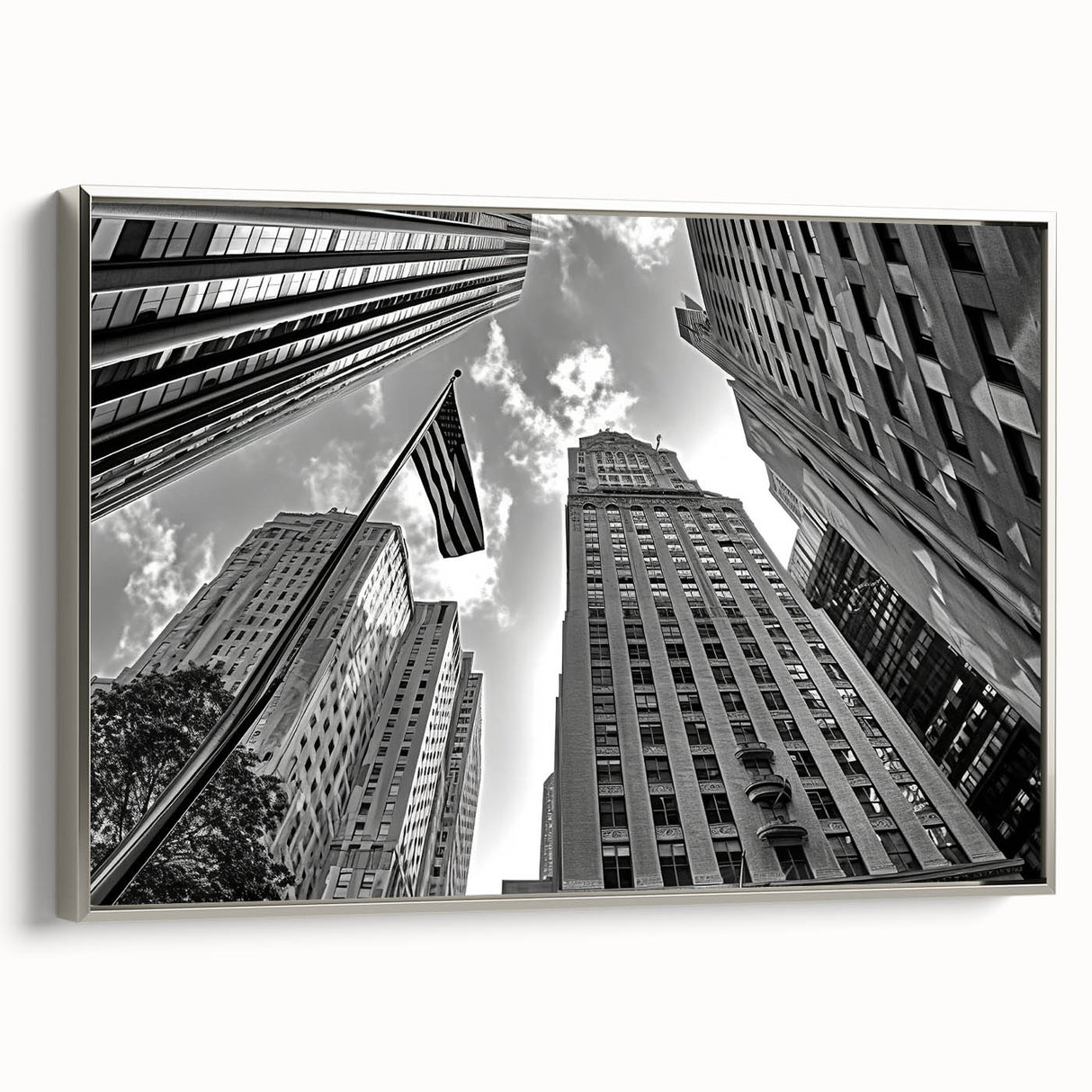 Framed canvas featuring a vintage-style New York City skyline in black with colorful accents, ideal for office decor.