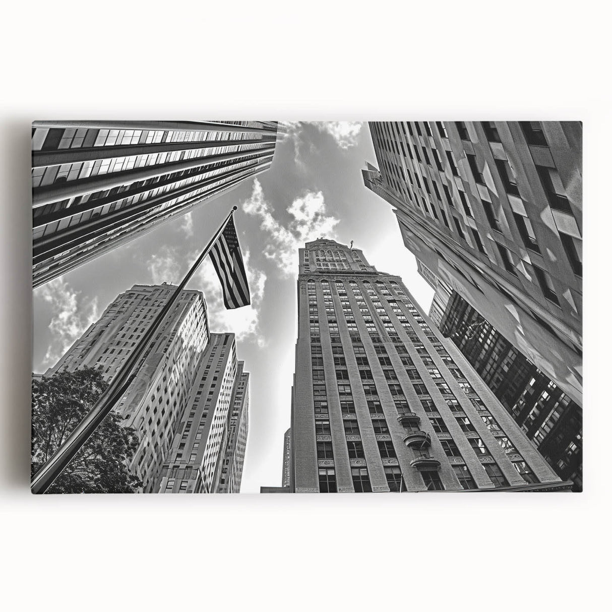 Black and white photo of NYC skyline on large stretched canvas, suited for kitchen wall art.