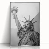 Mid-century modernist art of the Statue of Liberty in muted blue tones, acrylic print framed in white.