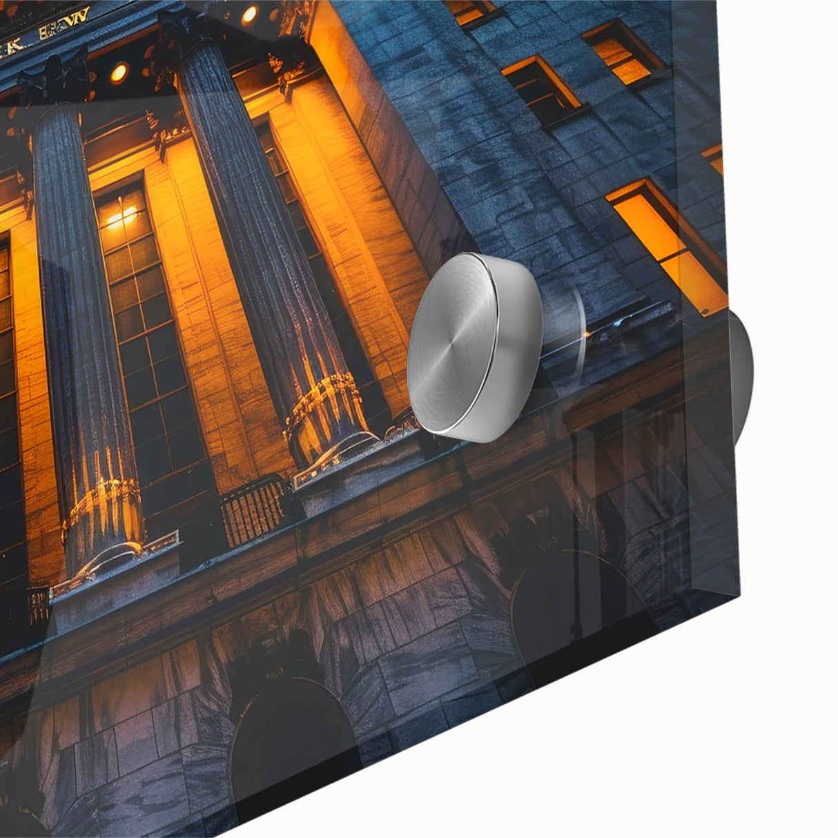 Large abstract wall art featuring New York City skyline in muted gray and blue tones on acrylic glass.