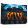 Acrylic print of a large abstract depiction of NYC, with vibrant blue and orange tones.