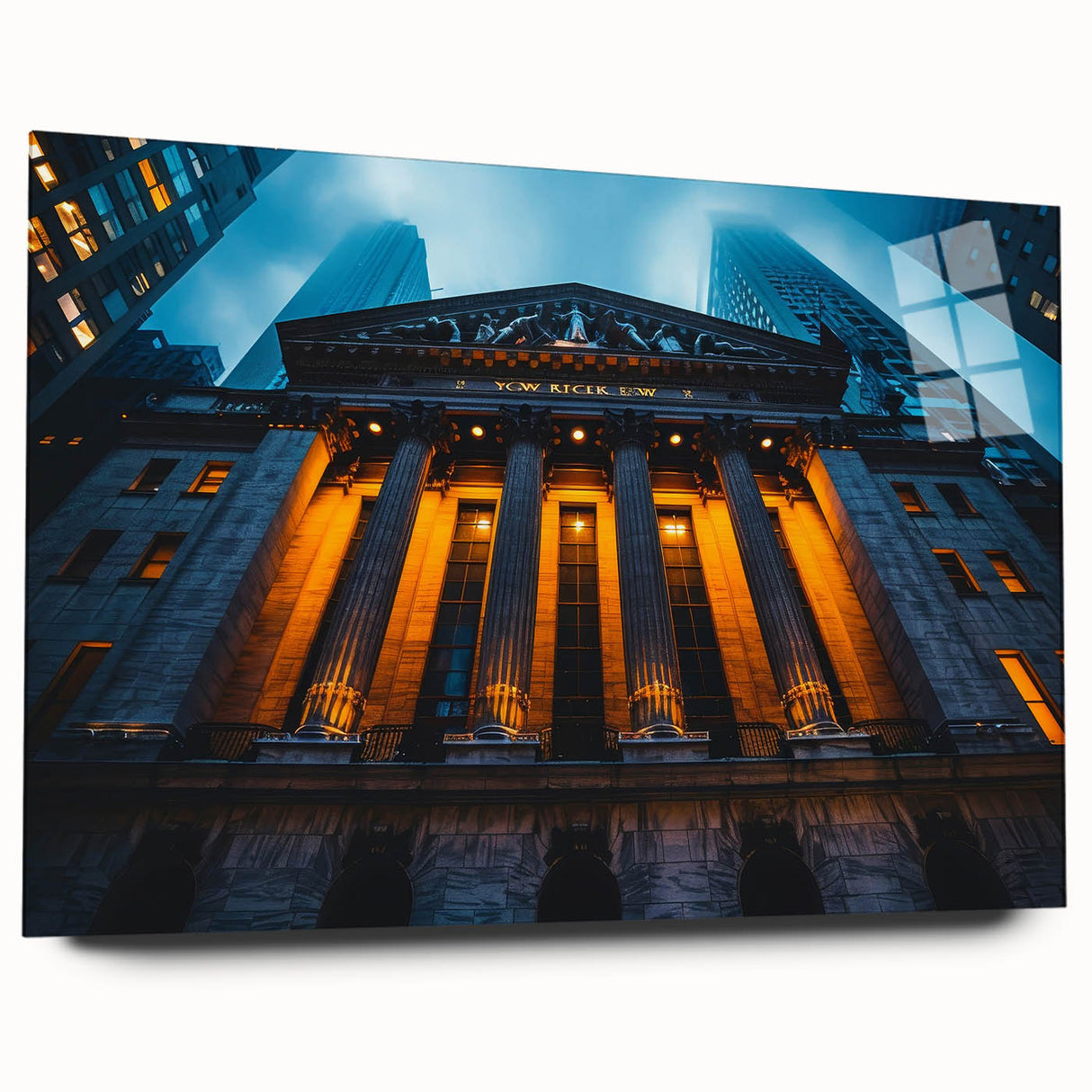 Large abstract depiction of NYC skyline in muted gray and blue on acrylic glass, ideal for bedroom or dining room art.