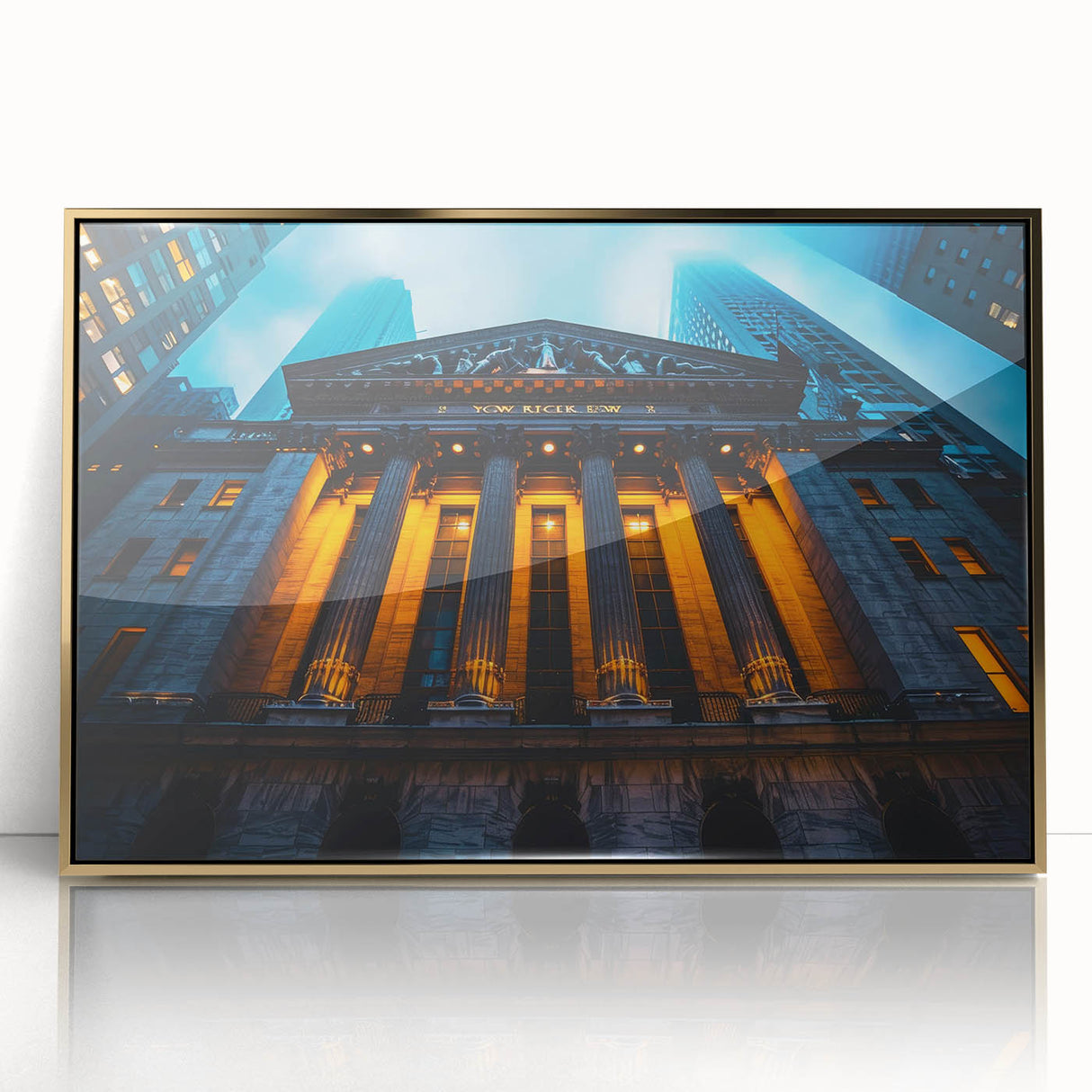 Acrylic print of New York City skyline in muted gold tones, ideal for modern art wall decor.