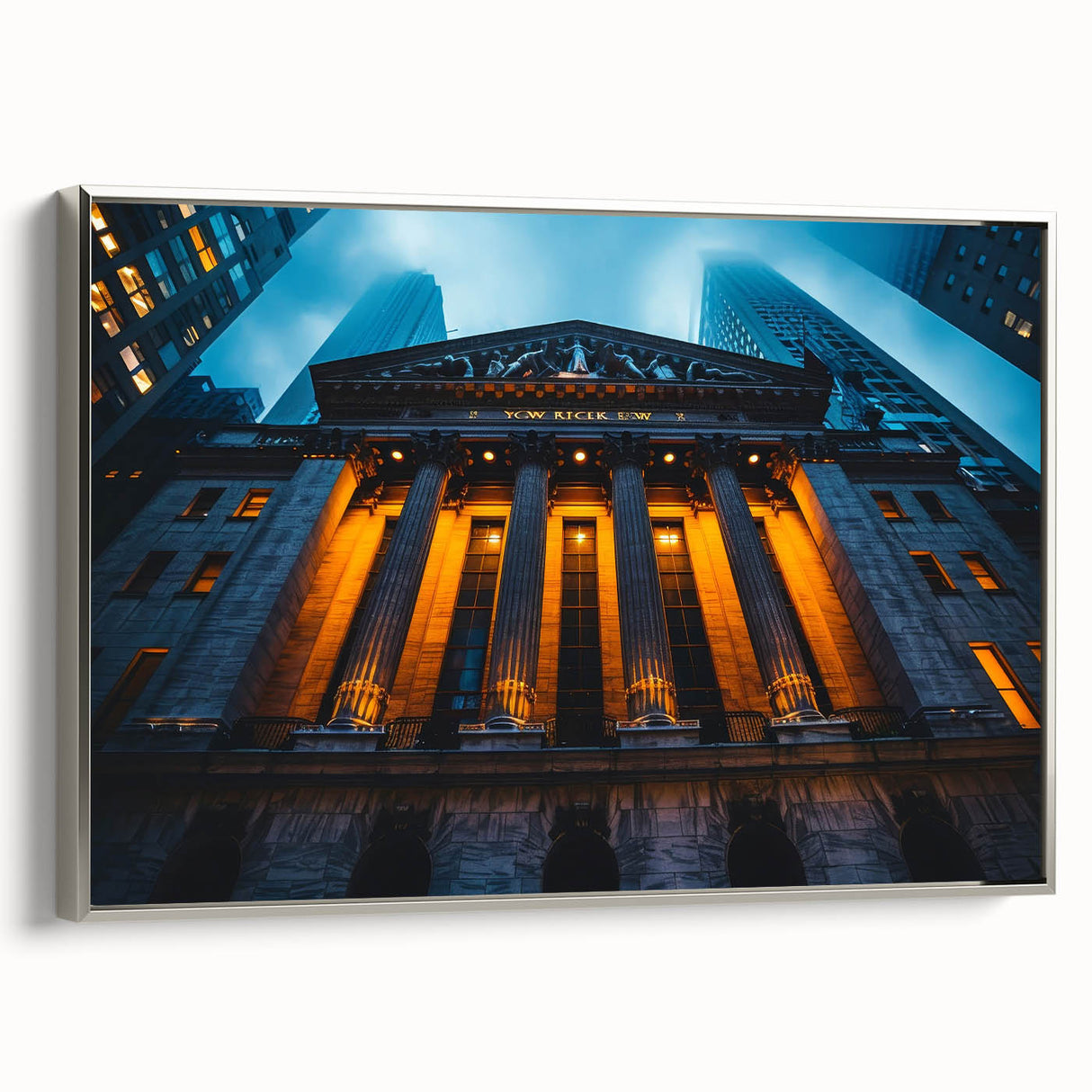 Framed canvas featuring a vintage-style New York City landscape in colorful art tones, ideal for office decor.