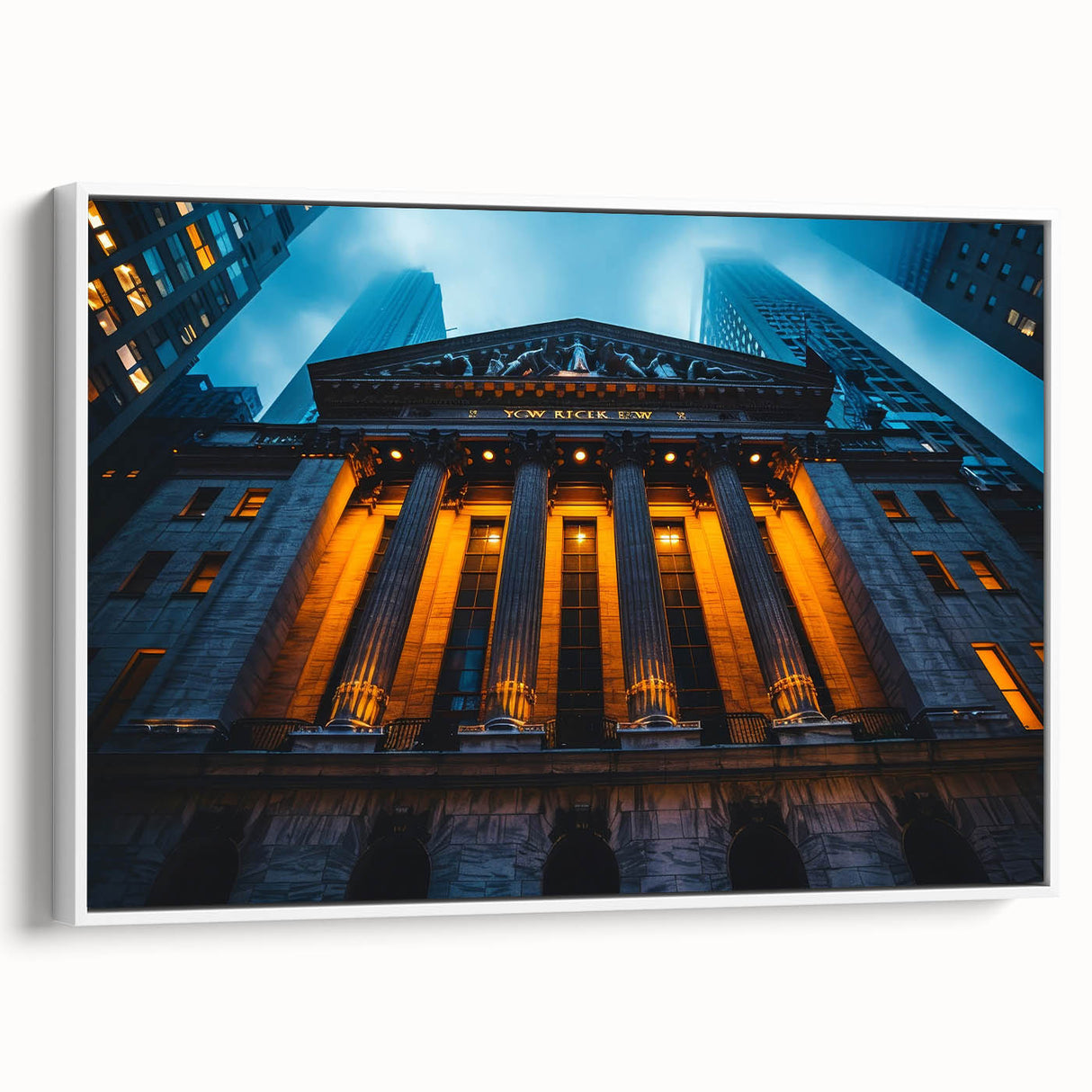 Vintage poster art of NYC skyline in vibrant colors on extra-large framed canvas, suitable for living room decor.