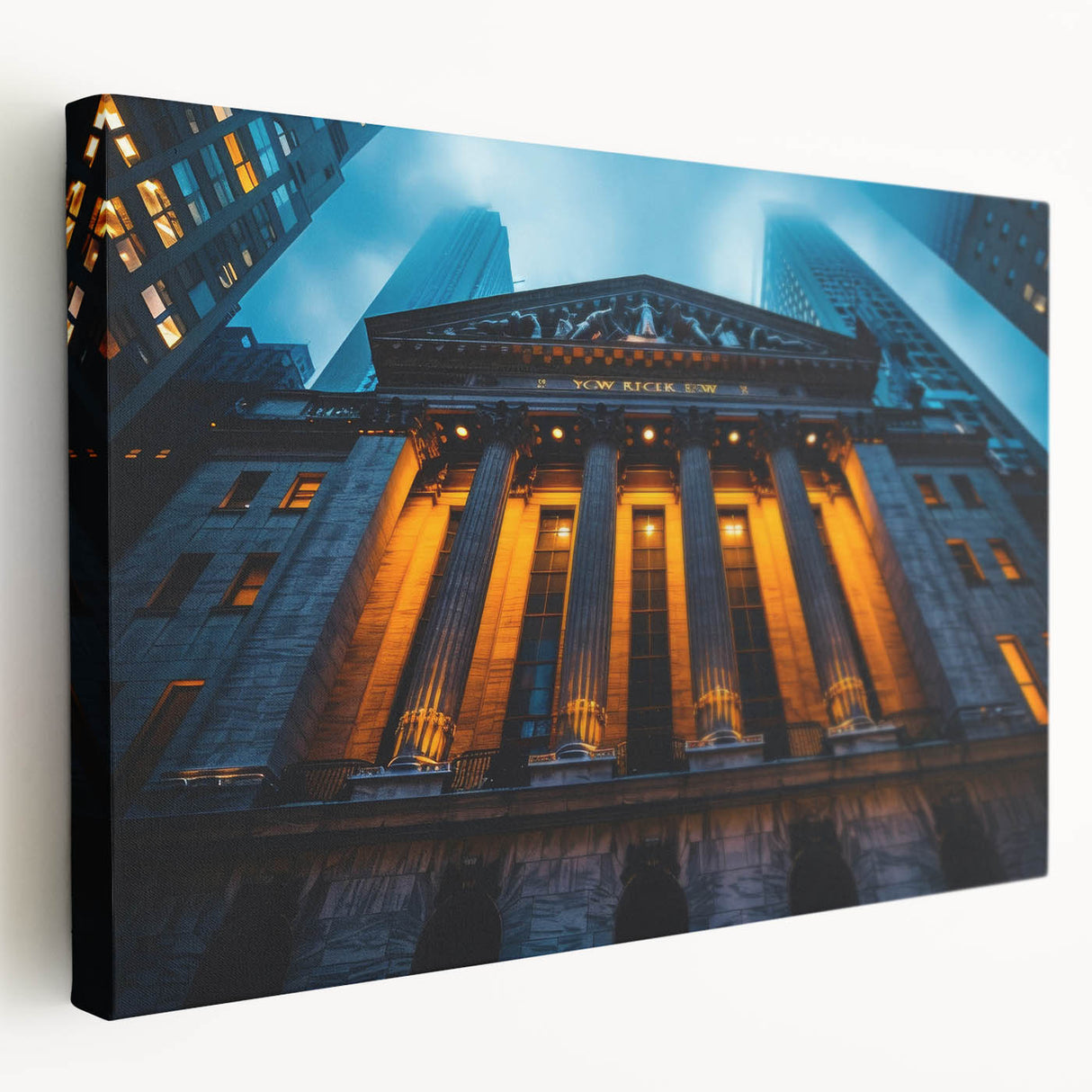 New York City skyline in muted gray and blue tones on a large stretched canvas, suitable for kitchen wall art.