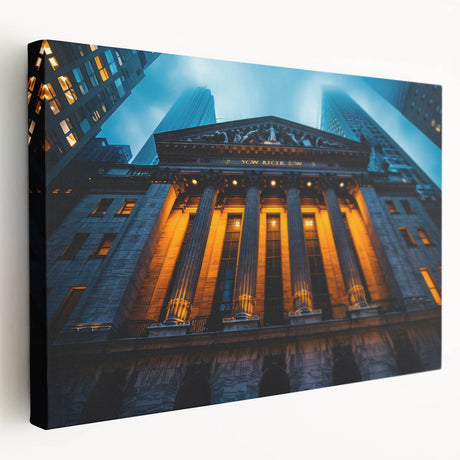 New York City skyline in muted gray and blue tones on a large stretched canvas, suitable for kitchen wall art.
