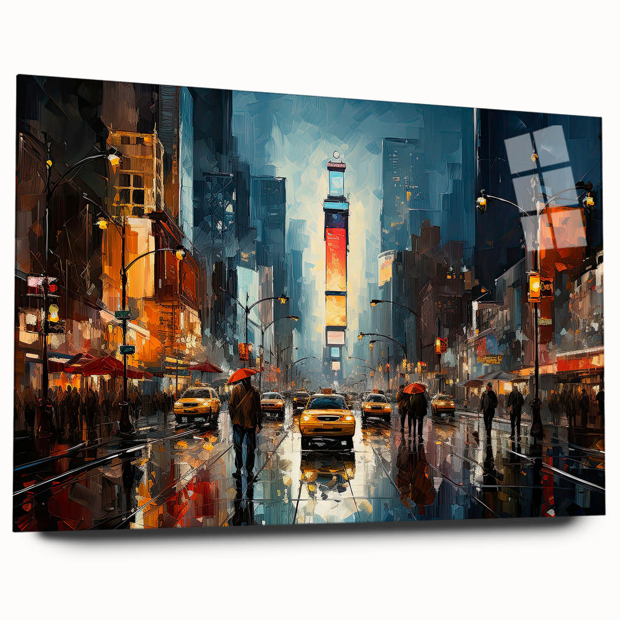 Acrylic print of Times Square with vibrant colors in a mid-century modernist style, ideal for dining room art.
