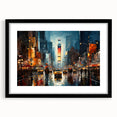Extra large framed print of an abstract Times Square scene in vibrant, colorful hues, ideal for living room decor.