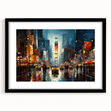 Extra large framed print of an abstract Times Square scene in vibrant, colorful hues, ideal for living room decor.