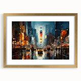 Extra large wall art of New York City's Times Square in abstract style with textured elements on a gold-framed canvas.