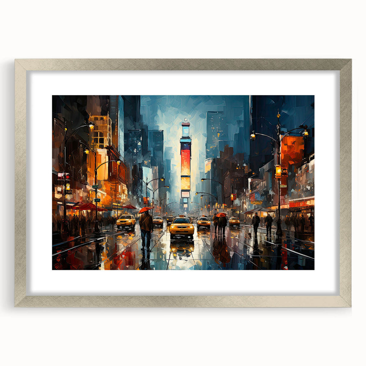 Textured art of Times Square in abstract style with vibrant color palette, framed in silver, ideal for bedroom art.