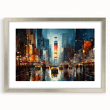 Textured art of Times Square in abstract style with vibrant color palette, framed in silver, ideal for bedroom art.