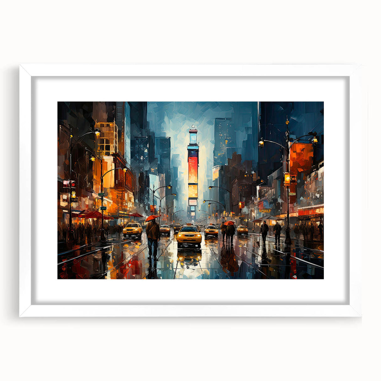 Abstract art print of Times Square with vibrant neon colors on a white framed mat, ideal for modern dining room decor.
