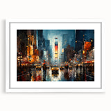 Abstract art print of Times Square with vibrant neon colors on a white framed mat, ideal for modern dining room decor.