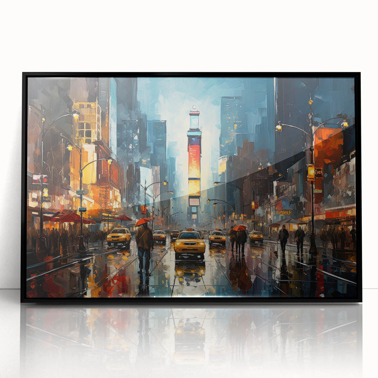Large abstract wall art depicting Times Square with vibrant colors on a framed acrylic print.