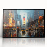 Large abstract wall art depicting Times Square with vibrant colors on a framed acrylic print.