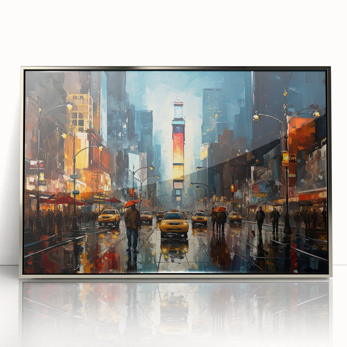 Mid-century modernist art depicting bustling Times Square with vibrant color palette, framed in silver acrylic.