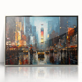 Mid-century modernist art depicting bustling Times Square with vibrant color palette, framed in silver acrylic.