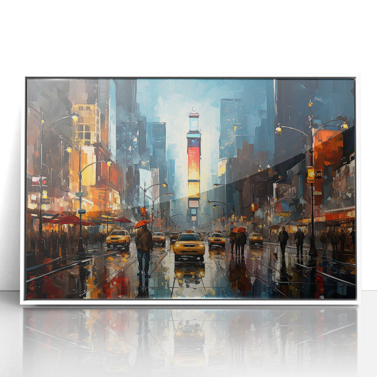 Acrylic print of Times Square with vibrant neon colors, framed in white, suitable for modern art wall decor.
