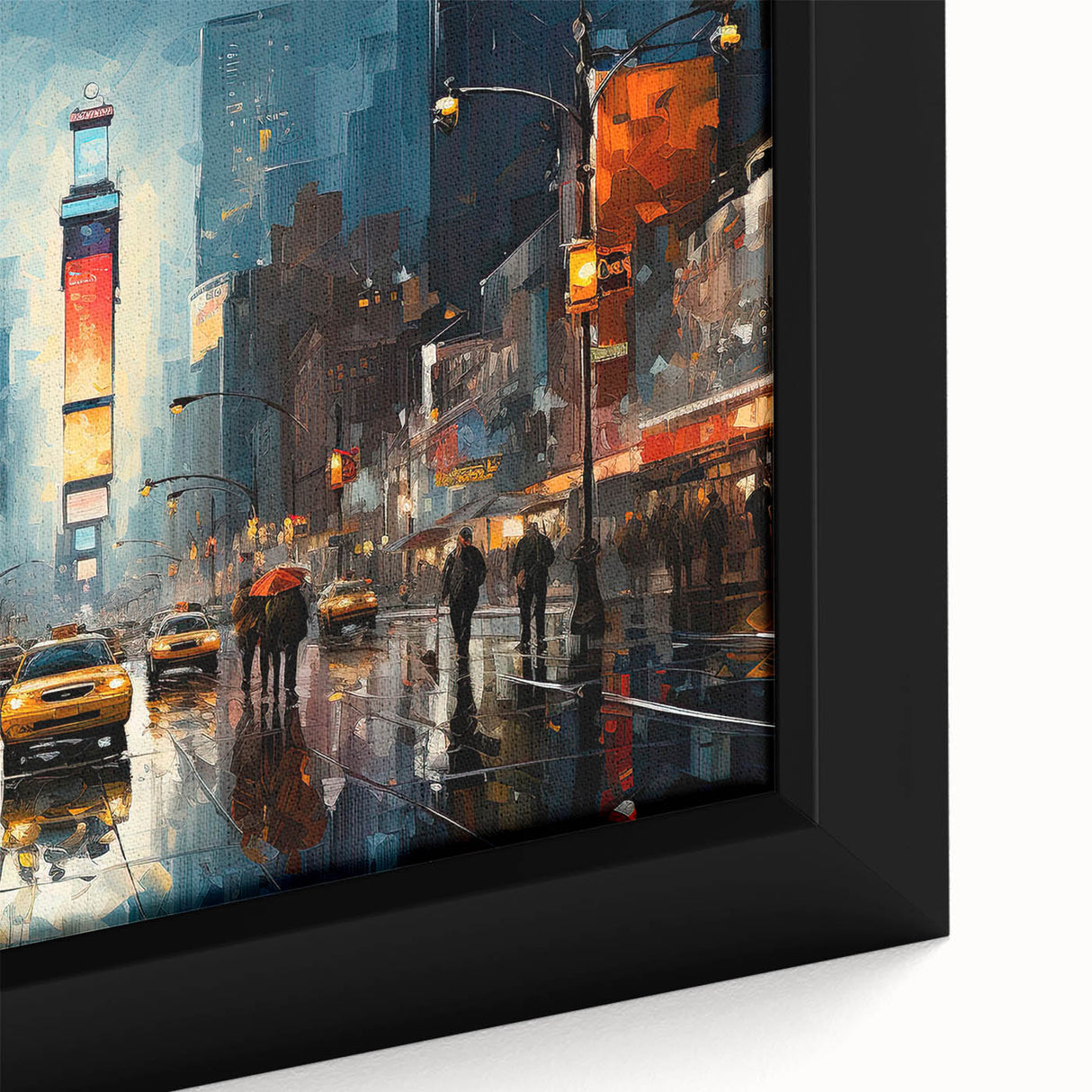 Extra large black wall art depicting Times Square with vibrant, textured colors on a framed canvas.