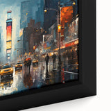 Extra large black wall art depicting Times Square with vibrant, textured colors on a framed canvas.