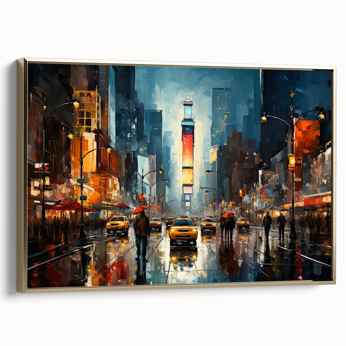 Framed canvas of Times Square with vintage poster art style in black and gold tones, ideal for bedroom wall art.