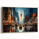 Framed canvas of Times Square with vintage poster art style in black and gold tones, ideal for bedroom wall art.