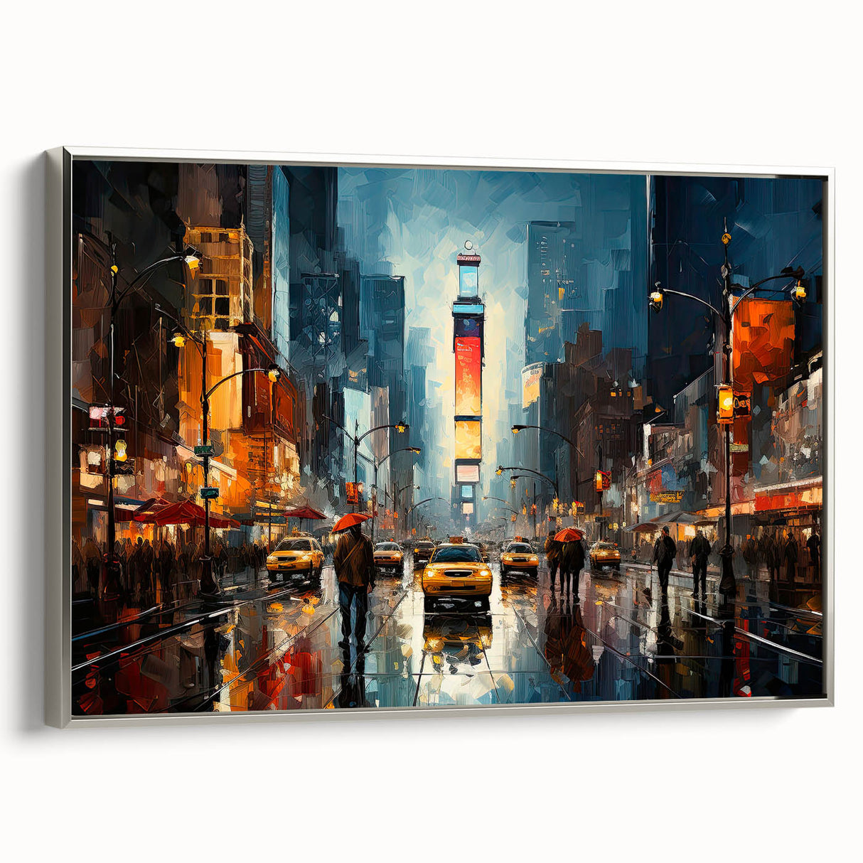 Vintage poster art of NYC Times Square in vibrant colors on a black framed canvas, ideal for living room decor.